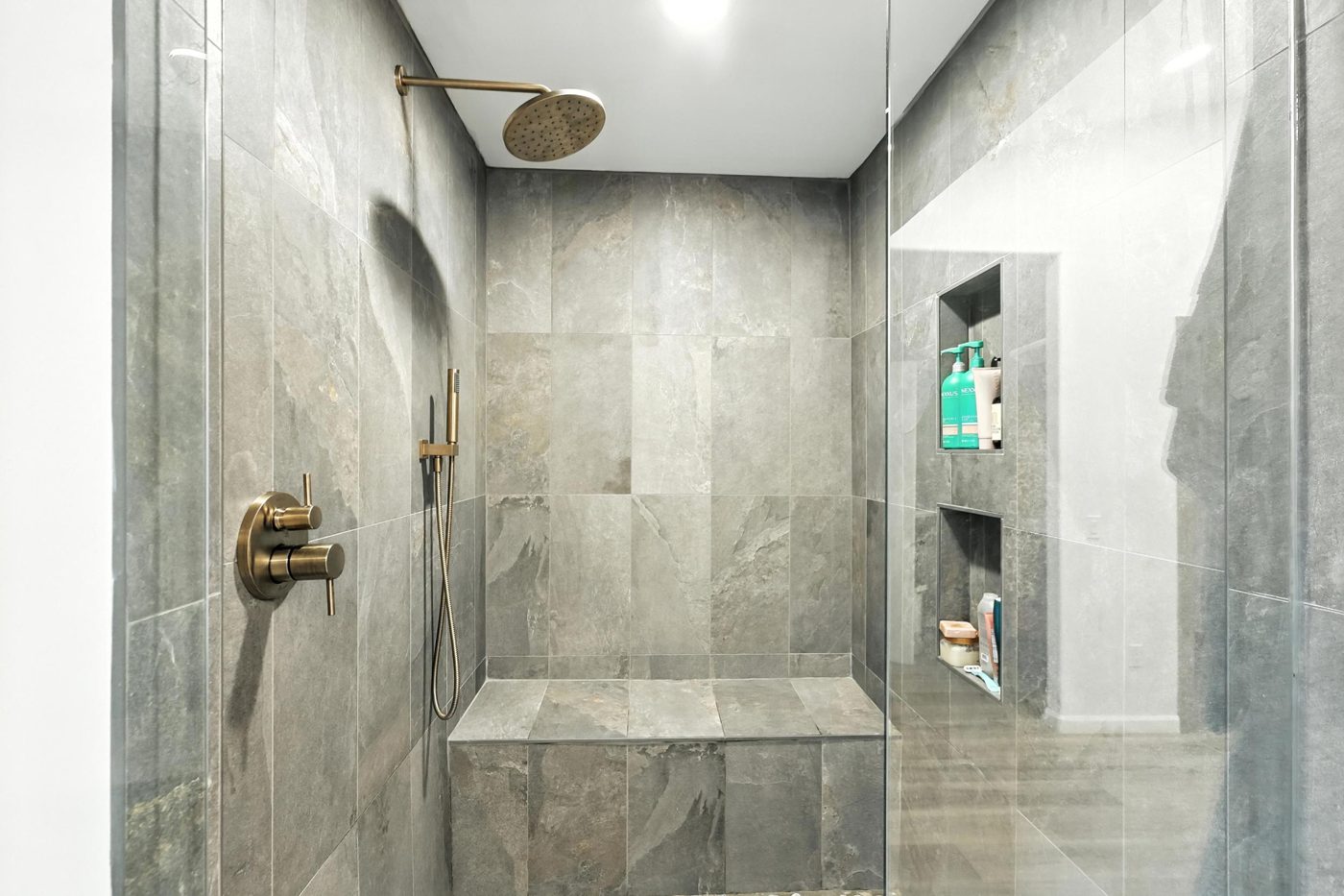 Remodeled primary shower in slate tile, Albuquerque